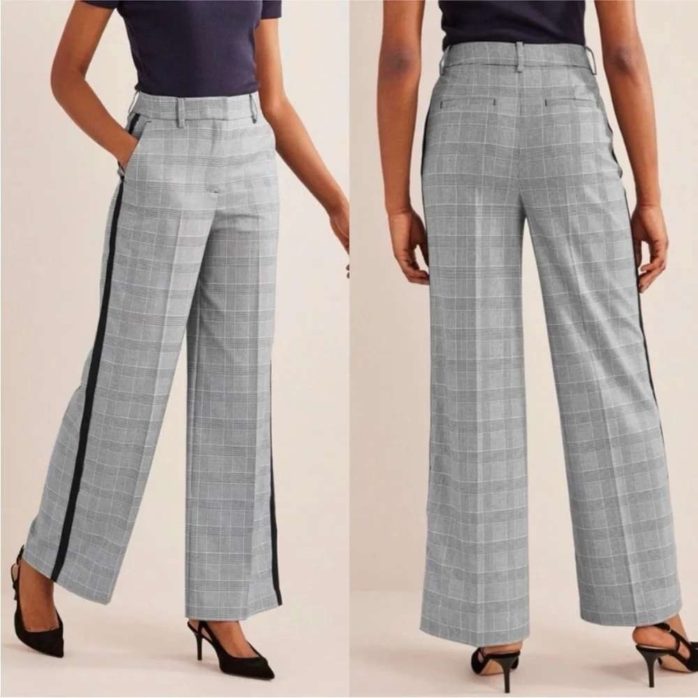 Boden Wide Leg Trousers Womens 6P Grey Plaid Tuxedo Side Stripe Pants